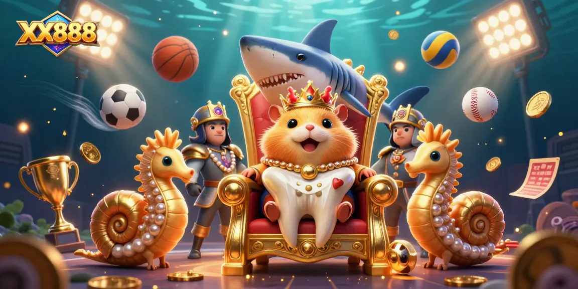 Engage with XX888 as the fierce golden hamster king and his underwater entourage dominate a vibrant casino scene.