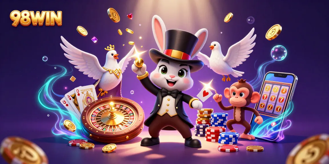 Experience thrilling wins with 98WIN's energetic casino illustration showcasing exciting gameplay elements.
