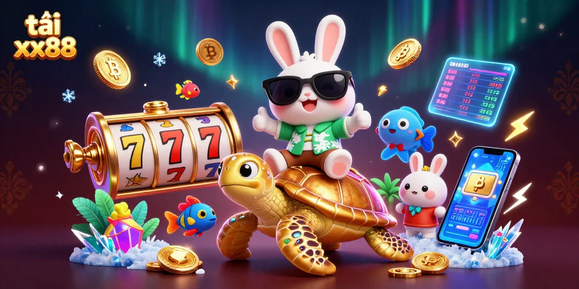 Play and win with tải xx88 at colorful 3D casino illustration showcasing luck and fun.