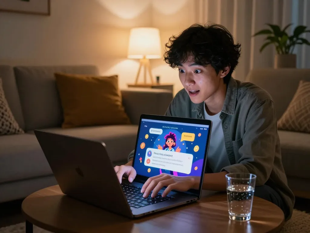 User engaging with an NSFW AI chat application on a laptop in a cozy, ambient-lit room.
