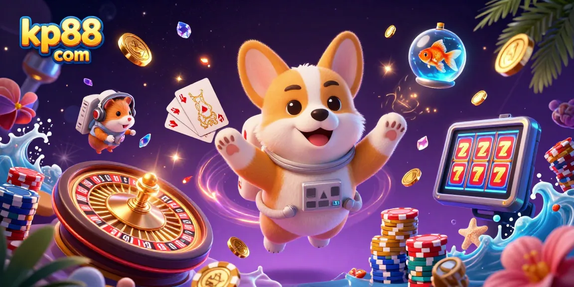 Experience winning thrills at kp88 com with a floating astronaut corgi and vibrant casino elements.