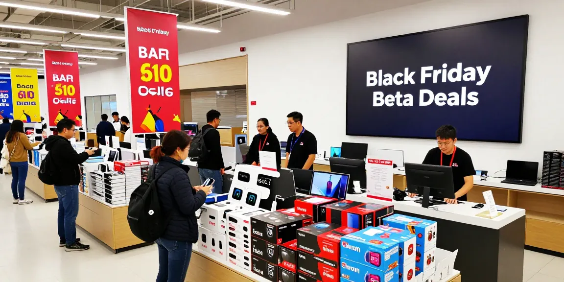 Scena di acquisti dinamici per Black Friday Beta con clienti entusiasti.