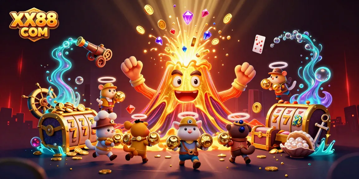 Experience thrilling gameplay at XX88 COM with treasures exploding from a golden volcano amidst exciting casino elements.