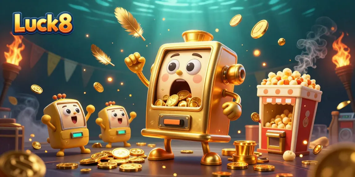 Luck8's golden slot machine wins a jackpot as baby machines cheer in a vibrant casino scene.