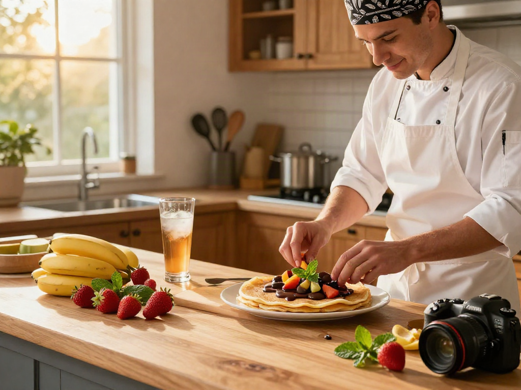 Enjoy a delightful cooking moment highlighting rokok88 login, with a chef preparing a rich dark chocolate crepe in a warm kitchen.
