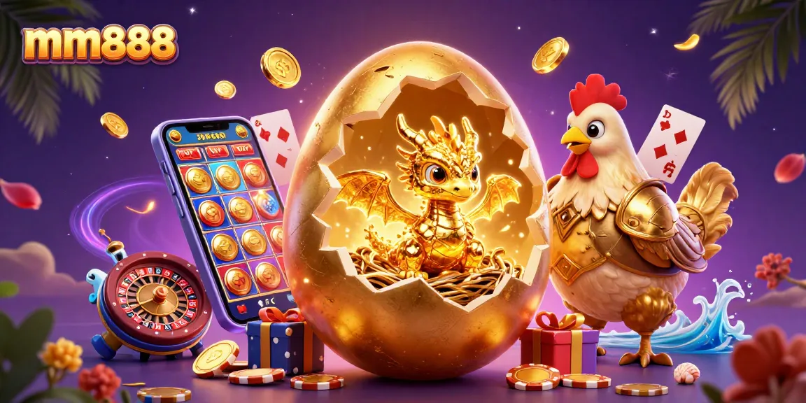 Experience thrilling gameplay with mm888 featuring a majestic golden dragon amidst a poker chip nest.