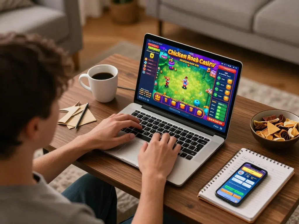 Giocatore impegnato nelle recensioni di Chicken Road Casino, valutando strategie di gioco su laptop in un accogliente ambiente domestico
