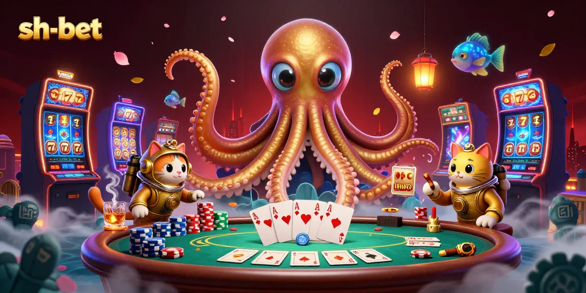 Experience thrilling gaming at sh-bet with vibrant casino elements, golden kraken, and interactive characters.