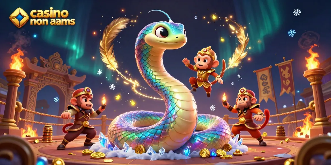 Engage with the colorful scene of the casino online non aams featuring a serpent and monkey among rich gaming elements.