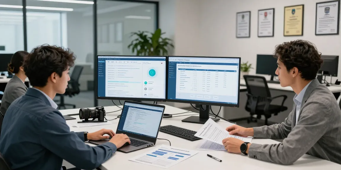 Cyber Essentials Plus certification team collaborating in a modern office, analyzing security compliance data and technical controls.