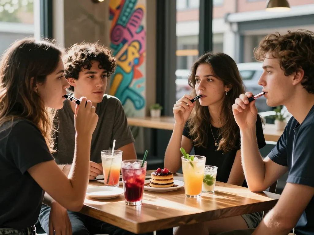 Goditi momenti sociali vibranti mentre acquisti penne vape THC in un'atmosfera da caffè di tendenza.