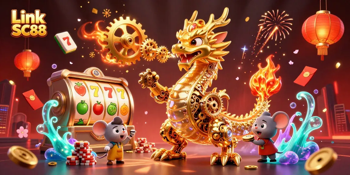 Experience the excitement of Link SC88 with a vibrant 3D casino scene featuring a golden dragon and slot reels.