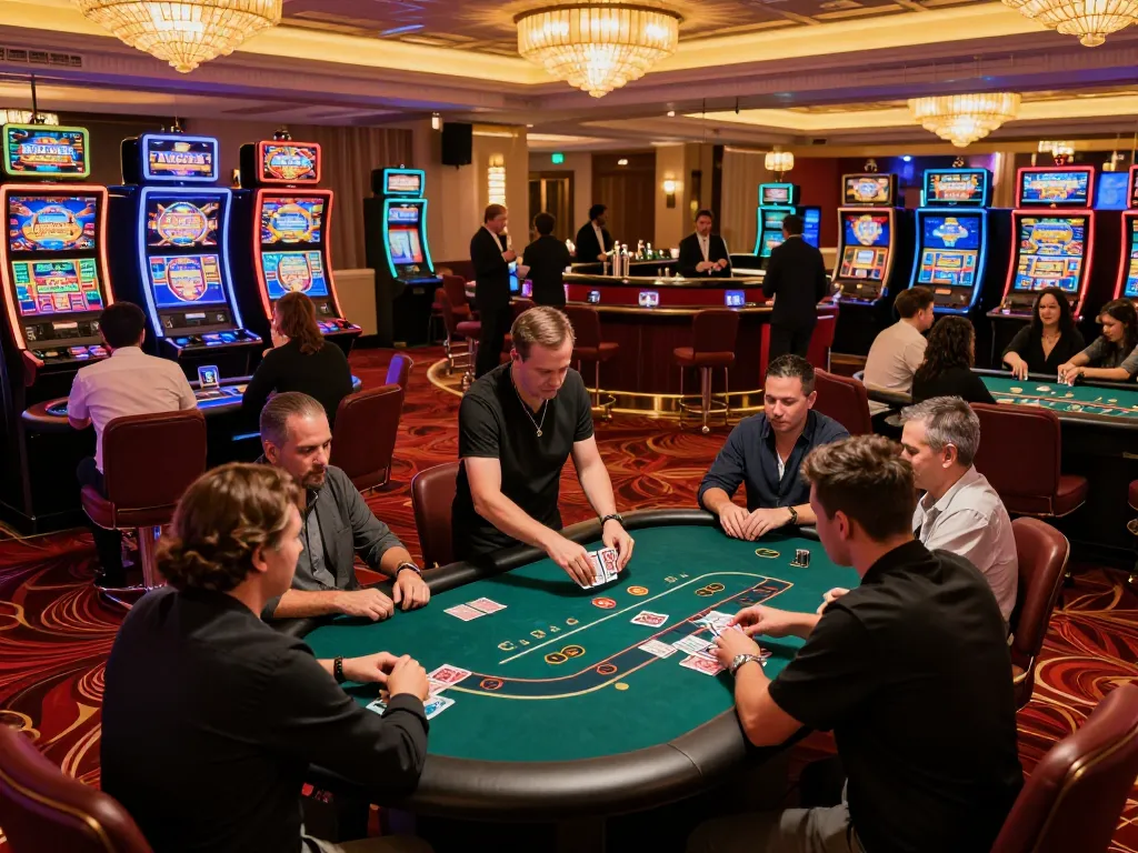 Engaging poker action at cm88 casino with players and dealer amidst vibrant lights.