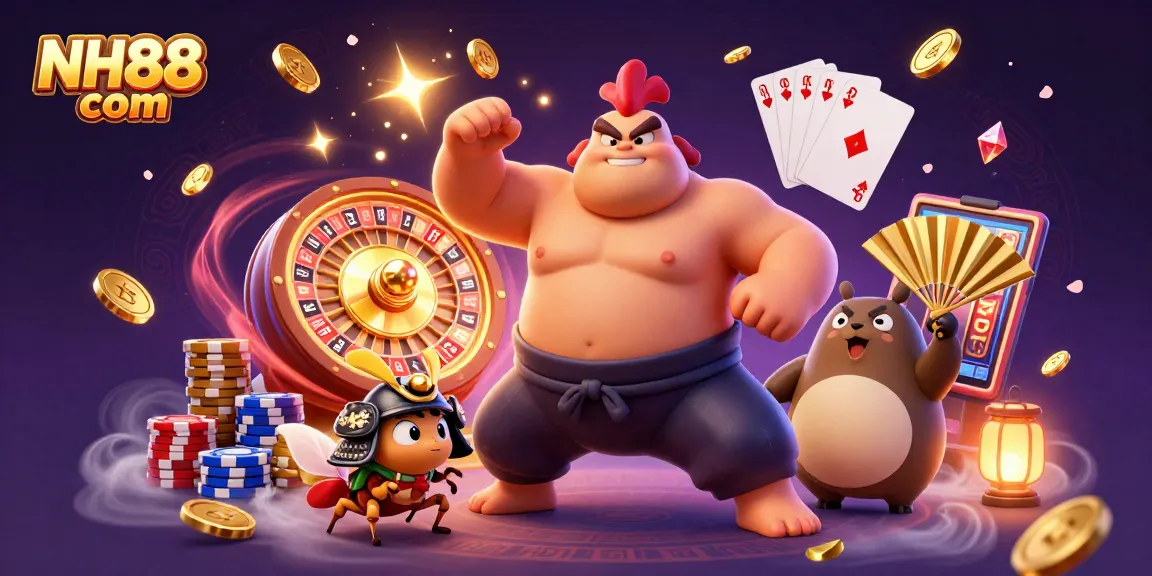 Join NH88 com to experience bustling casino action with a powerful sumo wrestler and vibrant gaming elements.