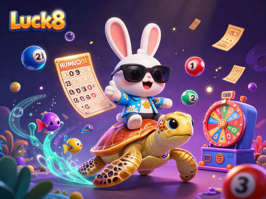 Luck8 features a playful lucky rabbit and golden turtle, immersed in vibrant casino elements.