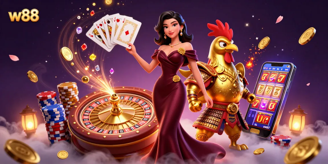 w88 casino illustration with a glamorous lady, golden rooster warrior, and vibrant gambling elements