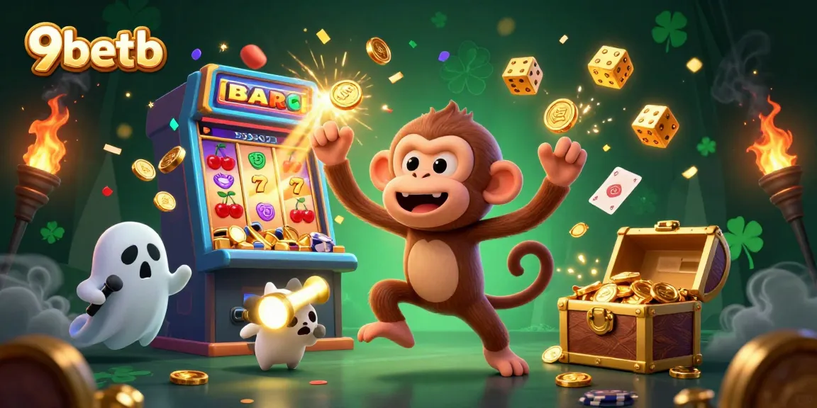 Experience the excitement of 9betb with playful spirits and a jackpot explosion in this casino-themed illustration.