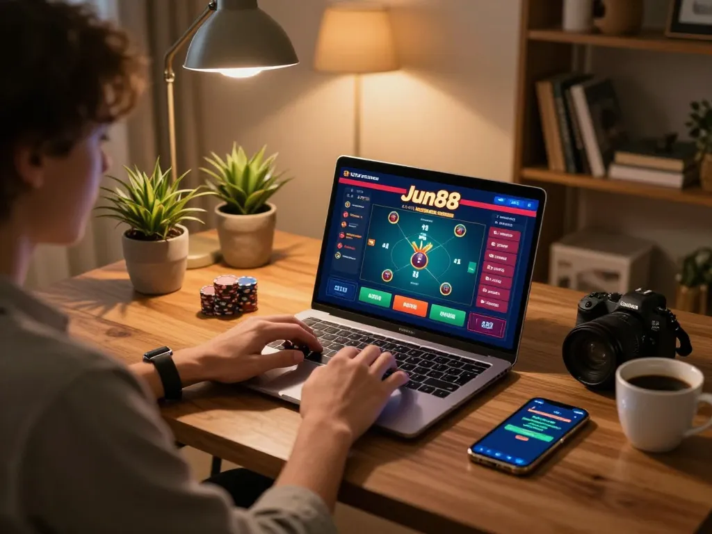 Person engaging in online gambling on Jun88 at a comfortable home desk with a laptop and smartphone.