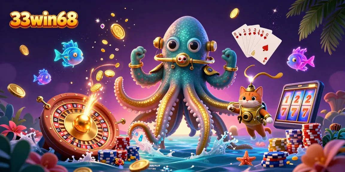 Engage with 33win68's dazzling 3D casino scene featuring a kraken, diving cat, and sparkling game elements.