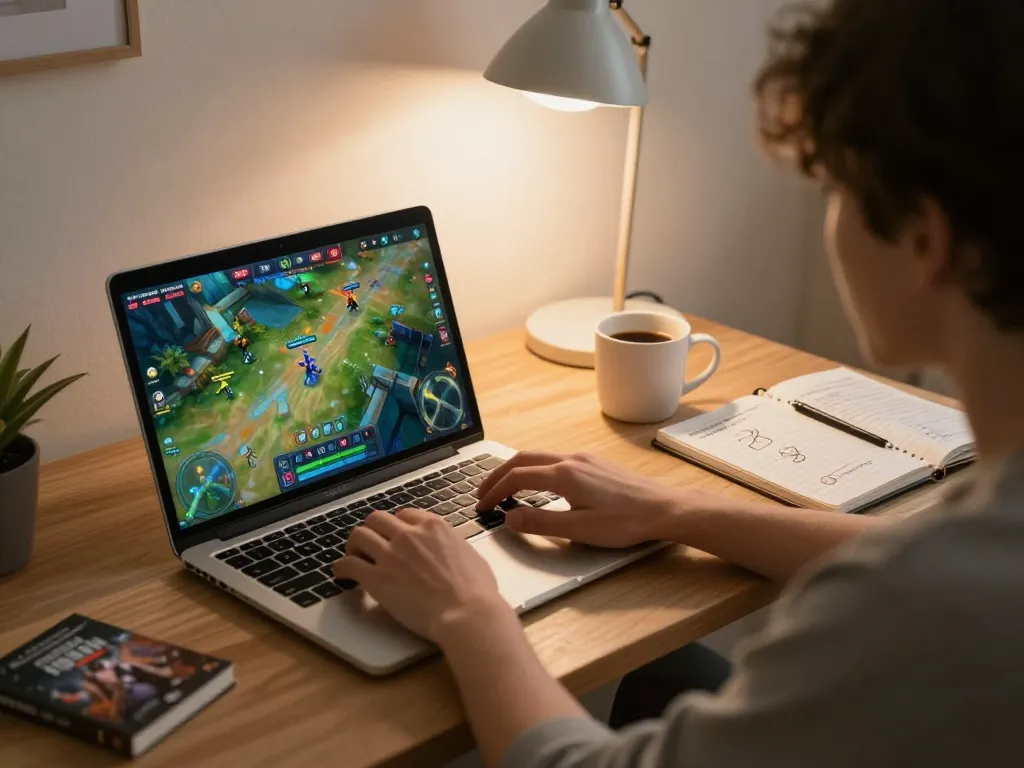 Engaging in xocdiaonline gameplay on a laptop at home, highlighting strategic notes and warm lighting.