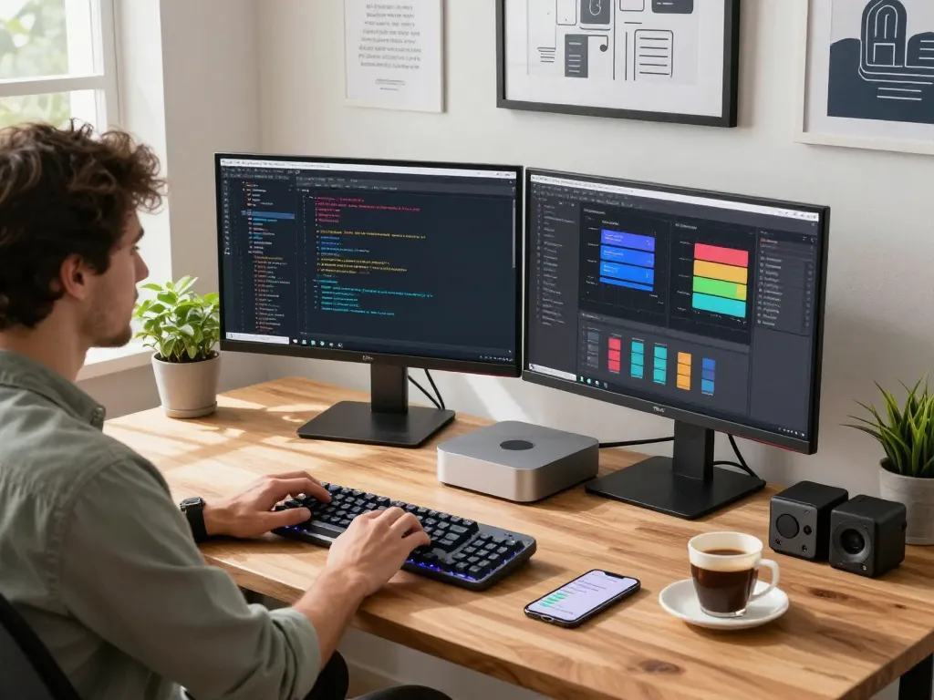 Developer utilizing mac mini in a modern workspace with coding displays and tech accessories.