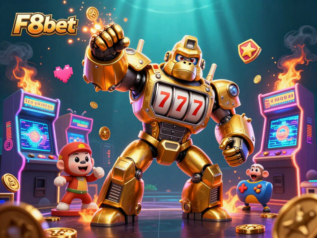 Experience exciting gambling with F8bet featuring a dynamic golden gorilla mech and arcade games.