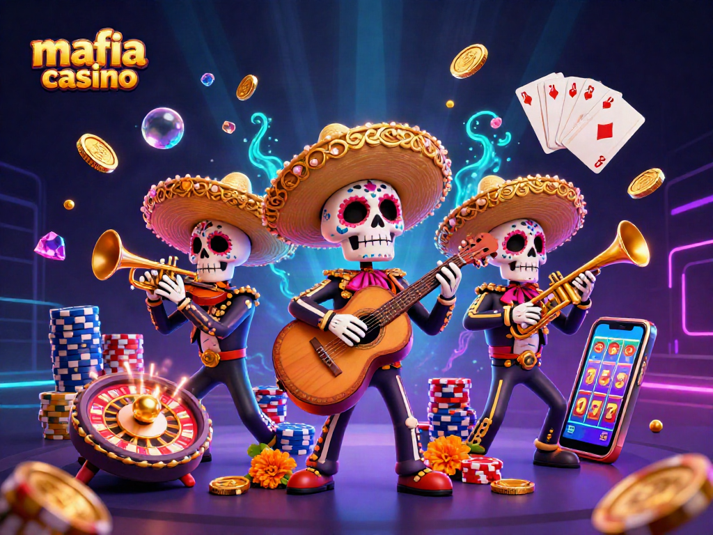 Mafia Casino scene with vibrant characters, sparkling coins, roulette wheel, and animated gaming action.