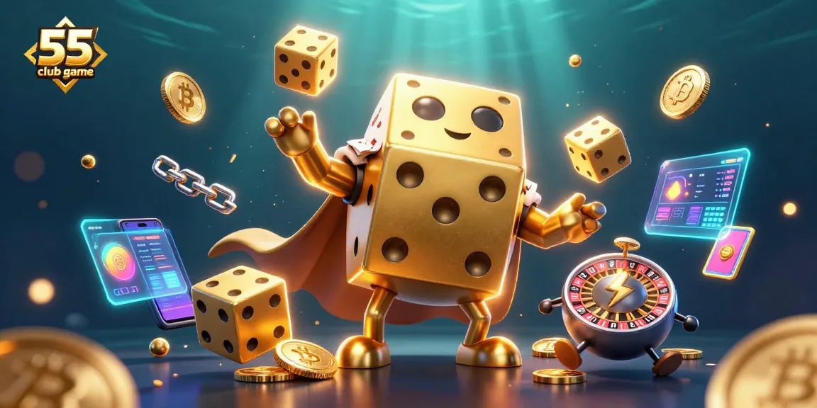 Engage with the thrilling 55 club game amidst dynamic golden dice and glowing crypto elements.